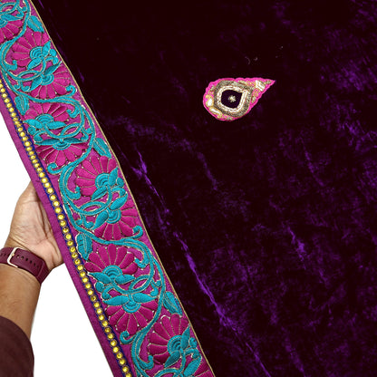 Indian Vintage Heavy Sari Purple Pure Georgette Silk & Velvet Hand Embroidered Sarees Craft Fabric 5Yd Sewing Ethnic Bollywood saree