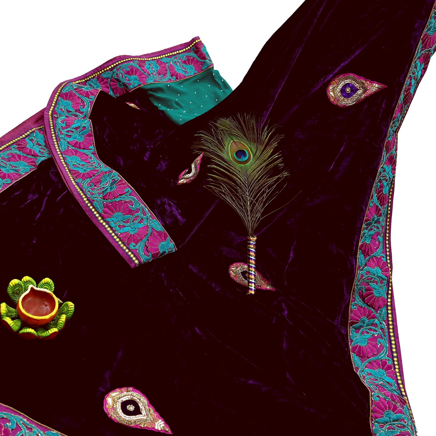 Indian Vintage Heavy Sari Purple Pure Georgette Silk & Velvet Hand Embroidered Sarees Craft Fabric 5Yd Sewing Ethnic Bollywood saree