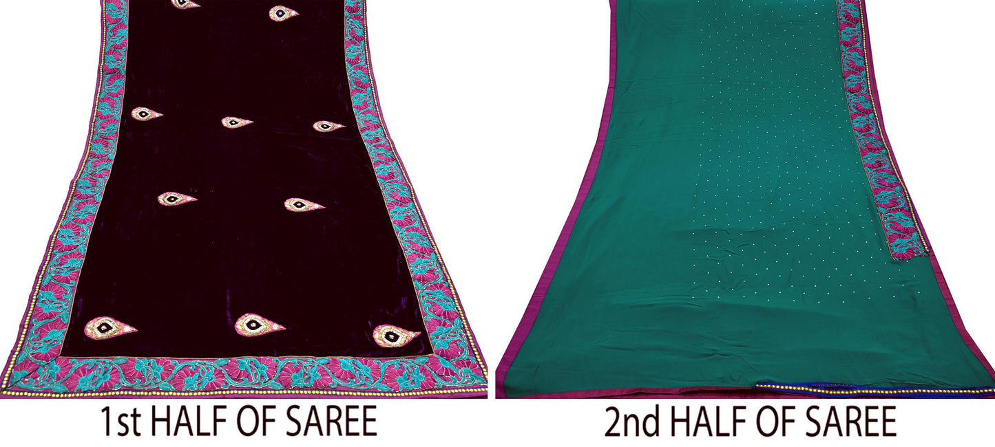 Indian Vintage Heavy Sari Purple Pure Georgette Silk & Velvet Hand Embroidered Sarees Craft Fabric 5Yd Sewing Ethnic Bollywood saree