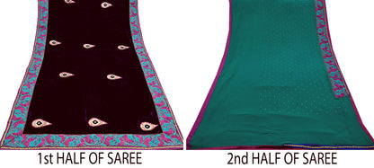Indian Vintage Heavy Sari Purple Pure Georgette Silk & Velvet Hand Embroidered Sarees Craft Fabric 5Yd Sewing Ethnic Bollywood saree