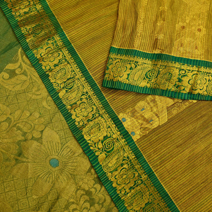 Indian Vintage Heavy Green & Golden Kanjivaram Saree 100% Pure Silk Sari Metallic Zari 5Yd Floral Crafting Dress making Ethnic Fringes