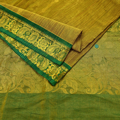 Indian Vintage Heavy Green & Golden Kanjivaram Saree 100% Pure Silk Sari Metallic Zari 5Yd Floral Crafting Dress making Ethnic Fringes