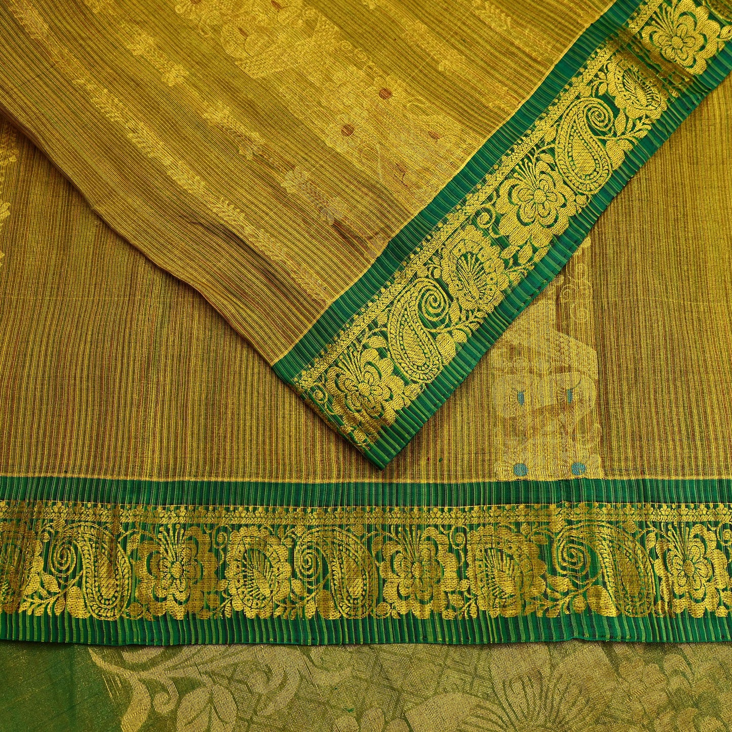 Indian Vintage Heavy Green & Golden Kanjivaram Saree 100% Pure Silk Sari Metallic Zari 5Yd Floral Crafting Dress making Ethnic Fringes
