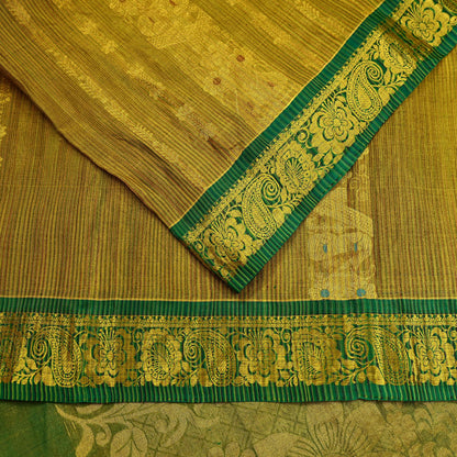 Indian Vintage Heavy Green & Golden Kanjivaram Saree 100% Pure Silk Sari Metallic Zari 5Yd Floral Crafting Dress making Ethnic Fringes