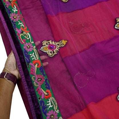Indian Vintage Sari Red & Purple Pure Georgette Silk/Net Hand Beaded Sarees Fabric 6Yd Sewing Ethnic Dress making Quilting Bollywood