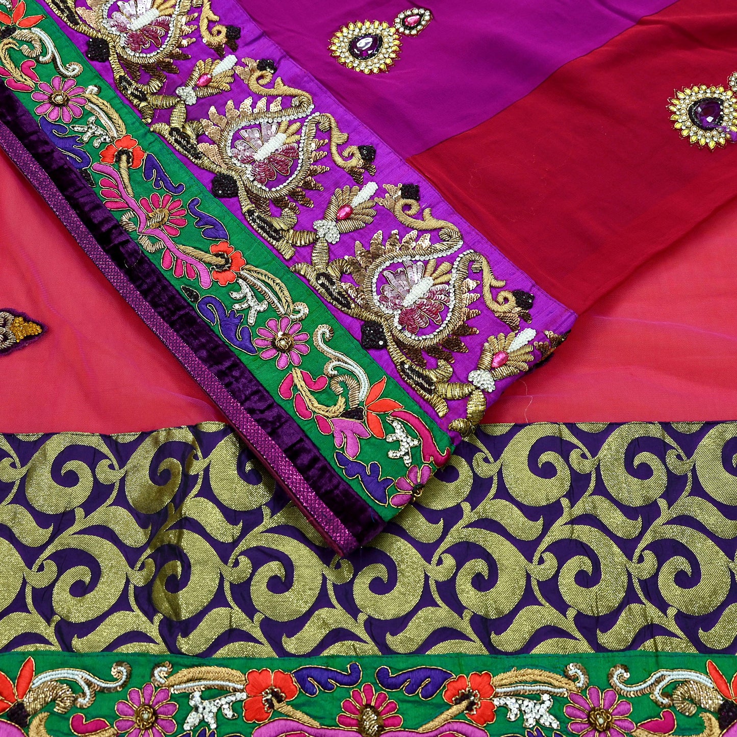 Indian Vintage Sari Red & Purple Pure Georgette Silk/Net Hand Beaded Sarees Fabric 6Yd Sewing Ethnic Dress making Quilting Bollywood