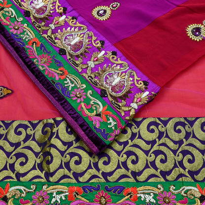 Indian Vintage Sari Red & Purple Pure Georgette Silk/Net Hand Beaded Sarees Fabric 6Yd Sewing Ethnic Dress making Quilting Bollywood