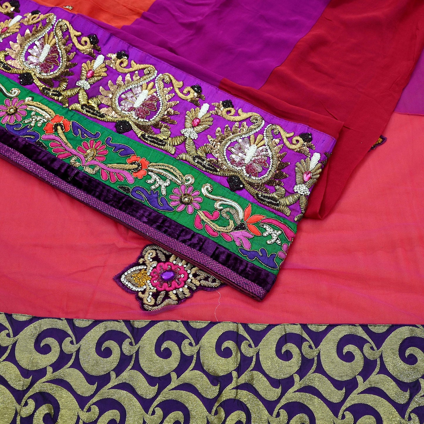 Indian Vintage Sari Red & Purple Pure Georgette Silk/Net Hand Beaded Sarees Fabric 6Yd Sewing Ethnic Dress making Quilting Bollywood