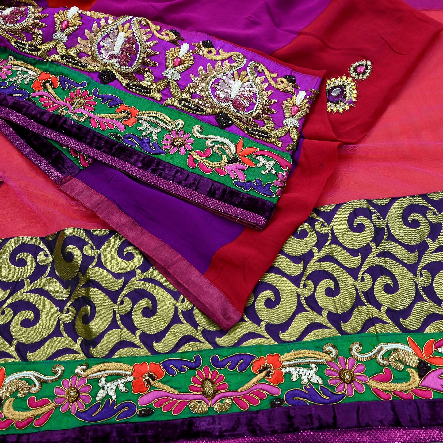 Indian Vintage Sari Red & Purple Pure Georgette Silk/Net Hand Beaded Sarees Fabric 6Yd Sewing Ethnic Dress making Quilting Bollywood