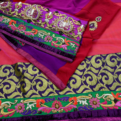 Indian Vintage Sari Red & Purple Pure Georgette Silk/Net Hand Beaded Sarees Fabric 6Yd Sewing Ethnic Dress making Quilting Bollywood