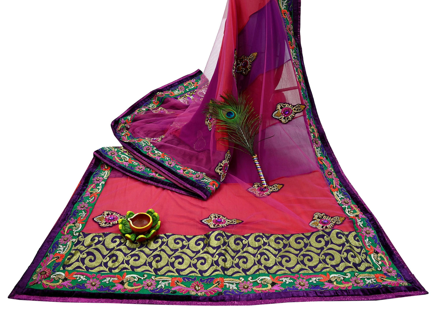 Indian Vintage Sari Red & Purple Pure Georgette Silk/Net Hand Beaded Sarees Fabric 6Yd Sewing Ethnic Dress making Quilting Bollywood