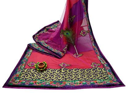 Indian Vintage Sari Red & Purple Pure Georgette Silk/Net Hand Beaded Sarees Fabric 6Yd Sewing Ethnic Dress making Quilting Bollywood