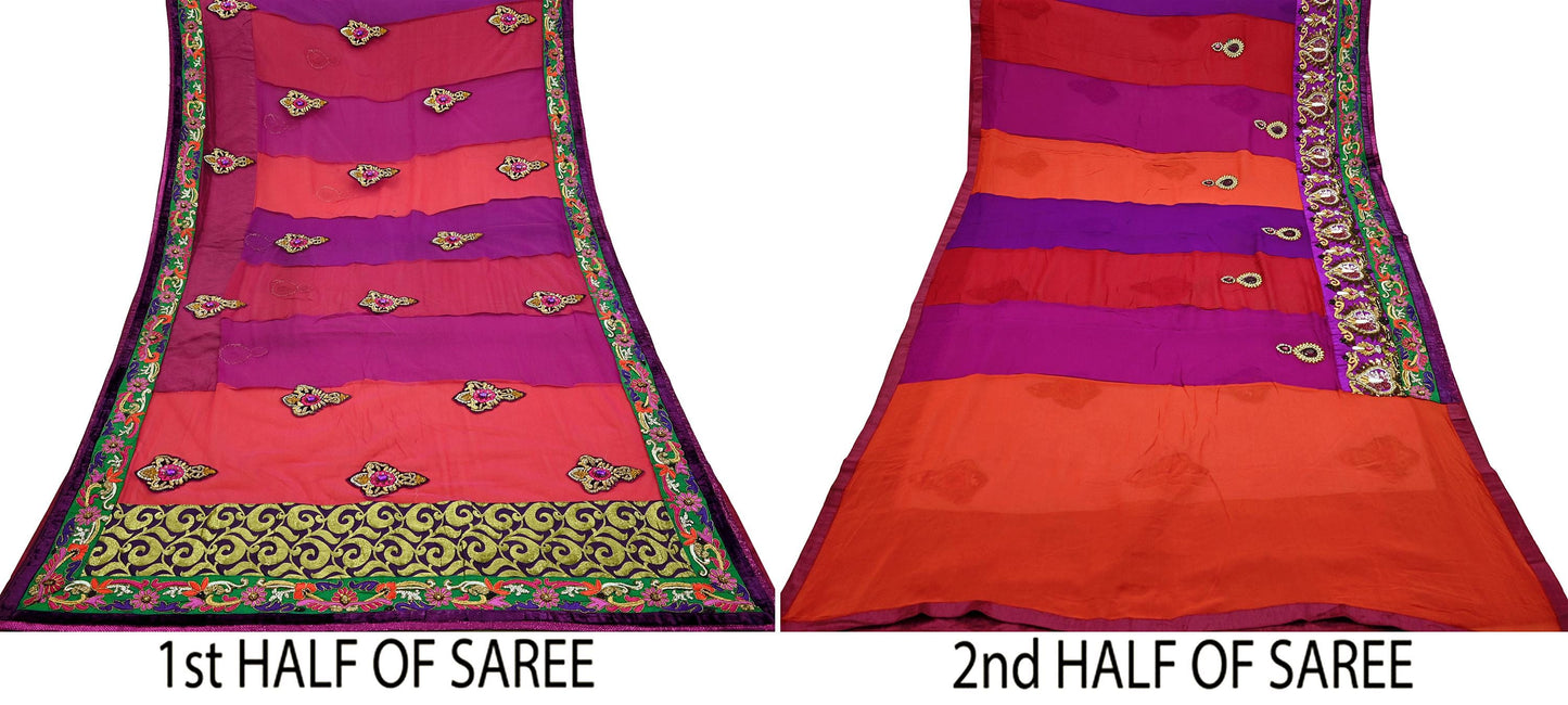 Indian Vintage Sari Red & Purple Pure Georgette Silk/Net Hand Beaded Sarees Fabric 6Yd Sewing Ethnic Dress making Quilting Bollywood