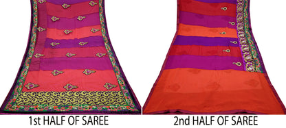 Indian Vintage Sari Red & Purple Pure Georgette Silk/Net Hand Beaded Sarees Fabric 6Yd Sewing Ethnic Dress making Quilting Bollywood