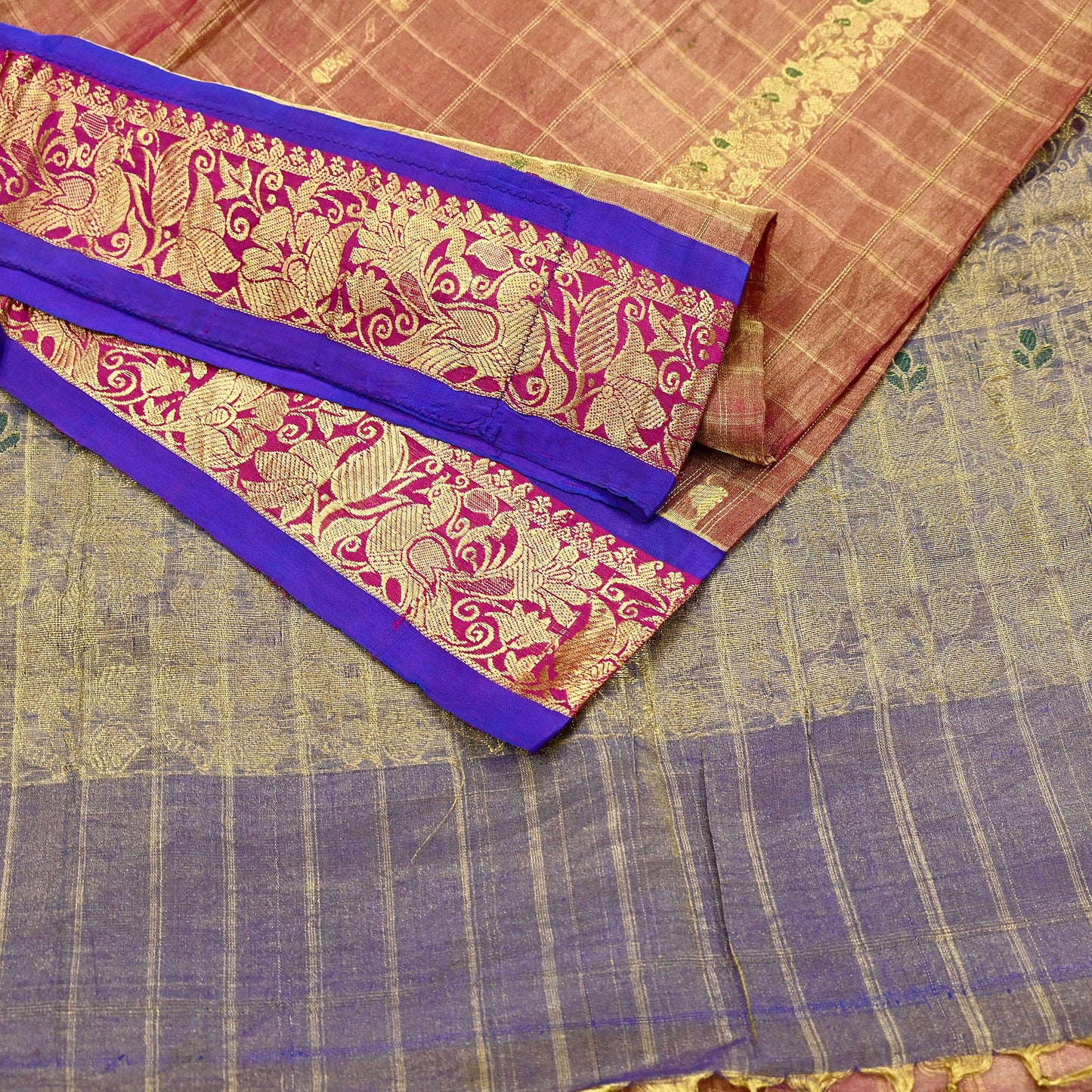 Indian Vintage Heavy Purple Kanjivaram Saree 100% Pure Silk Sari Metallic Zari 5Yd Floral Crafting Dress making Ethnic Peacock Fringes