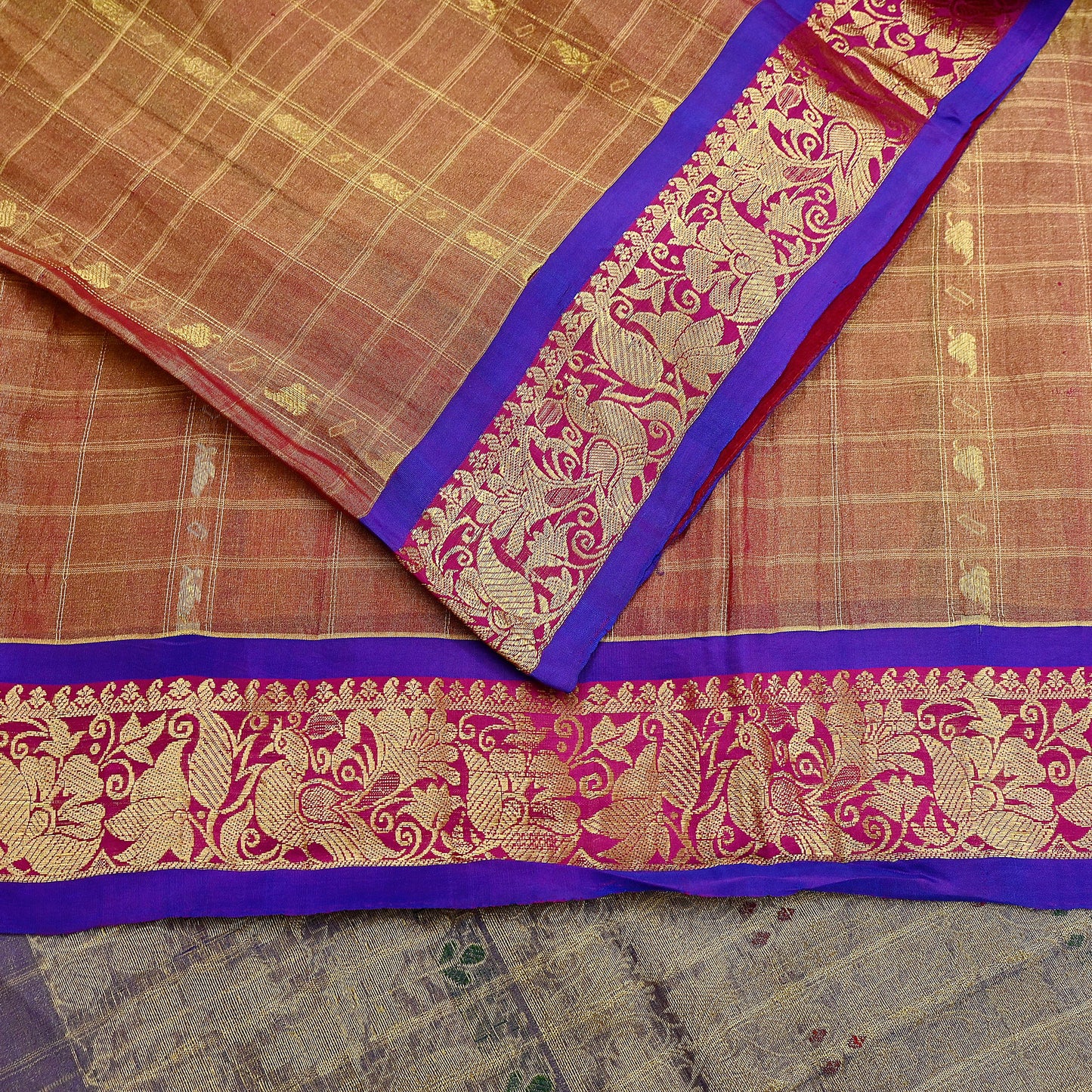Indian Vintage Heavy Purple Kanjivaram Saree 100% Pure Silk Sari Metallic Zari 5Yd Floral Crafting Dress making Ethnic Peacock Fringes