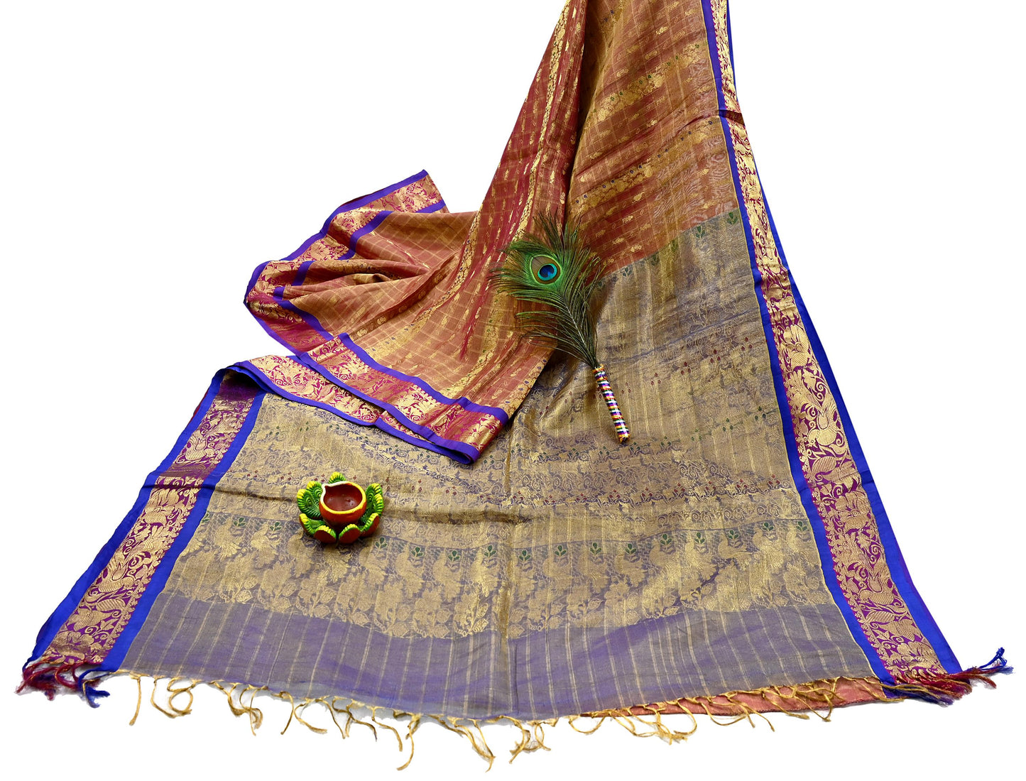 Indian Vintage Heavy Purple Kanjivaram Saree 100% Pure Silk Sari Metallic Zari 5Yd Floral Crafting Dress making Ethnic Peacock Fringes