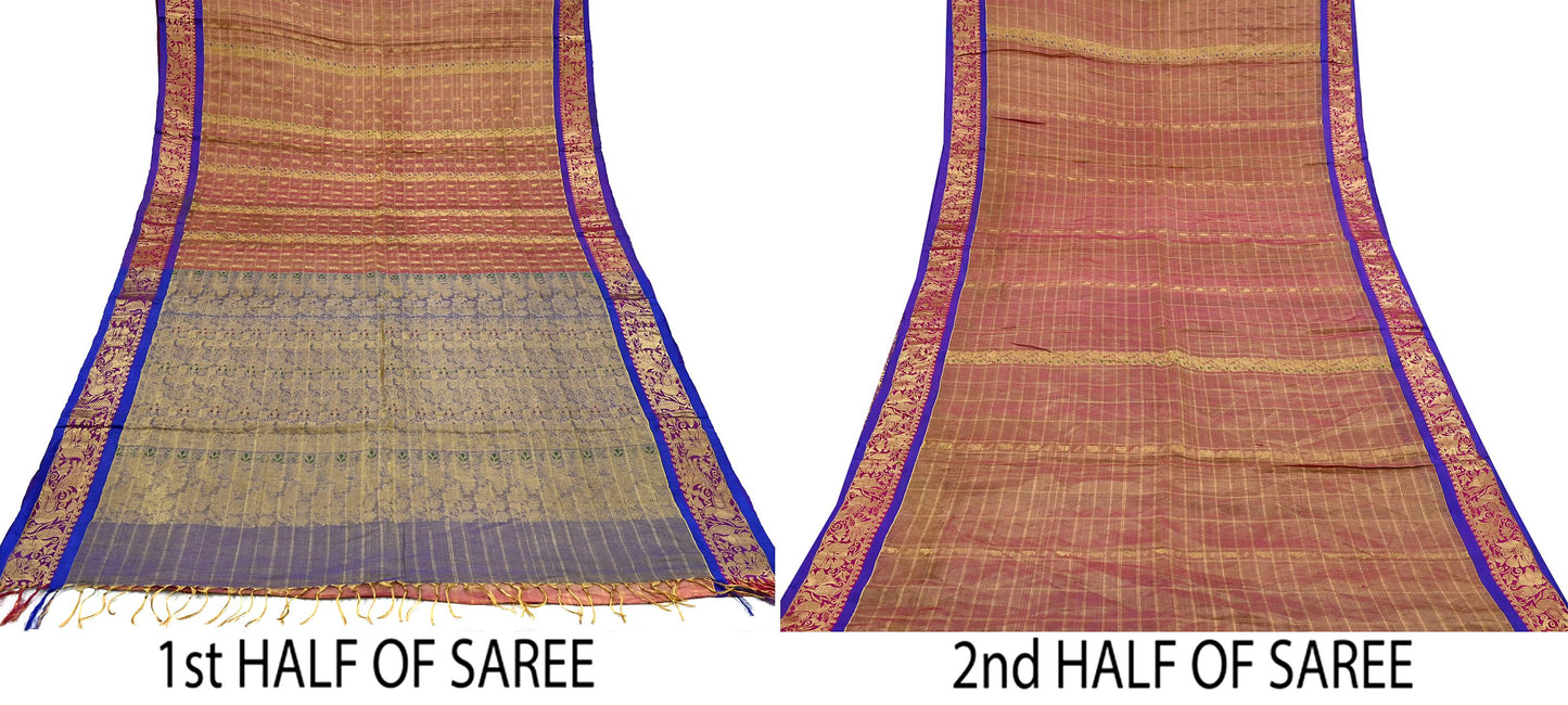 Indian Vintage Heavy Purple Kanjivaram Saree 100% Pure Silk Sari Metallic Zari 5Yd Floral Crafting Dress making Ethnic Peacock Fringes