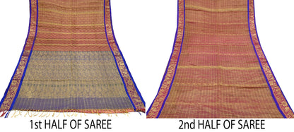 Indian Vintage Heavy Purple Kanjivaram Saree 100% Pure Silk Sari Metallic Zari 5Yd Floral Crafting Dress making Ethnic Peacock Fringes