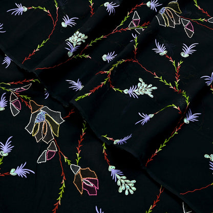 Indian Vintage Heavy Sari Black Pure Georgette Silk Hand Beaded Sarees Craft Fabric 6Yd Sewing Soft Ethnic Wedding Sarees Dress making
