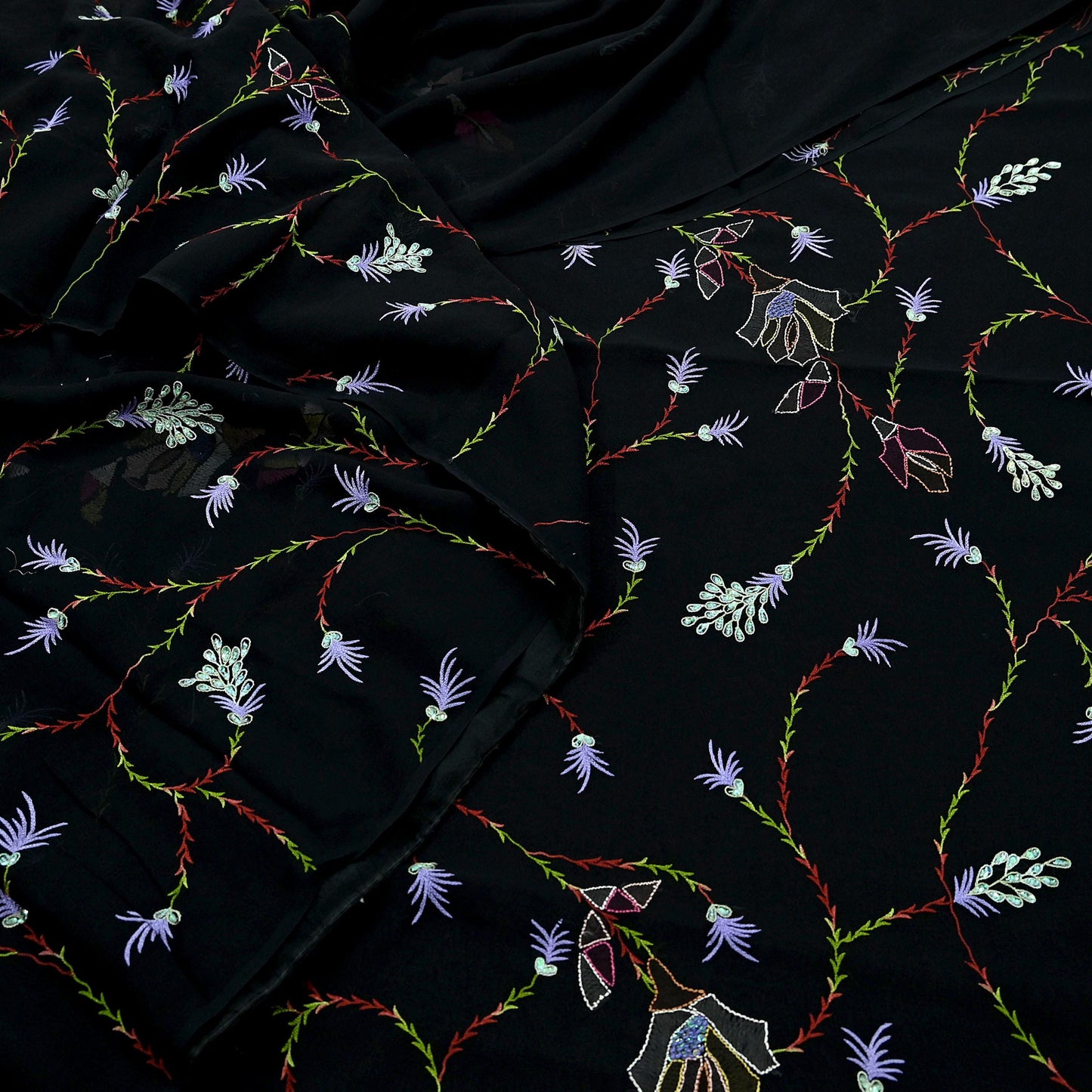 Indian Vintage Heavy Sari Black Pure Georgette Silk Hand Beaded Sarees Craft Fabric 6Yd Sewing Soft Ethnic Wedding Sarees Dress making