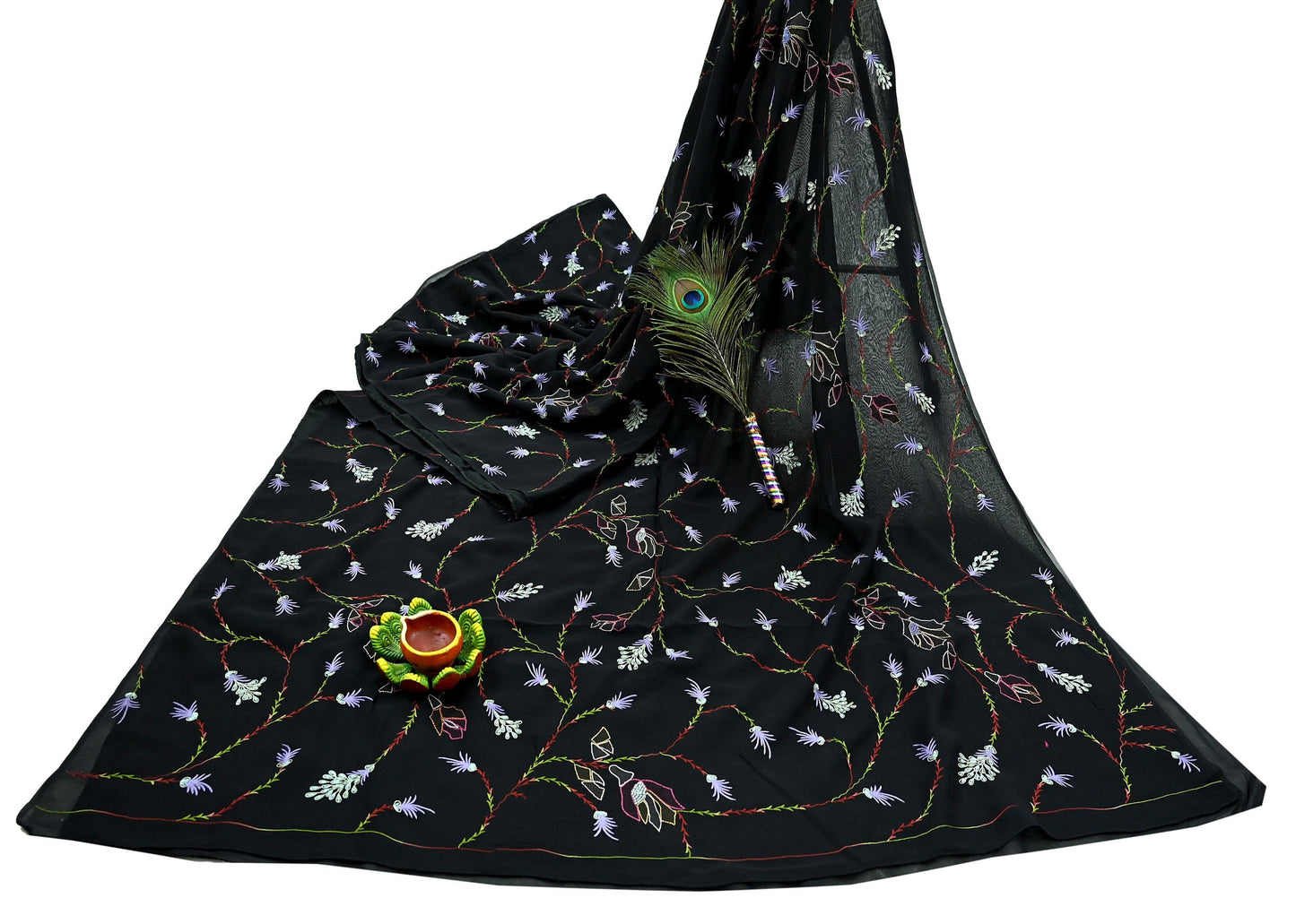 Indian Vintage Heavy Sari Black Pure Georgette Silk Hand Beaded Sarees Craft Fabric 6Yd Sewing Soft Ethnic Wedding Sarees Dress making