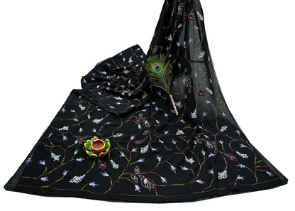 Indian Vintage Heavy Sari Black Pure Georgette Silk Hand Beaded Sarees Craft Fabric 6Yd Sewing Soft Ethnic Wedding Sarees Dress making