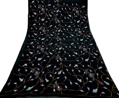 Indian Vintage Heavy Sari Black Pure Georgette Silk Hand Beaded Sarees Craft Fabric 6Yd Sewing Soft Ethnic Wedding Sarees Dress making