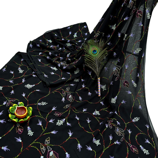 Indian Vintage Heavy Sari Black Pure Georgette Silk Hand Beaded Sarees Craft Fabric 6Yd Sewing Soft Ethnic Wedding Sarees Dress making