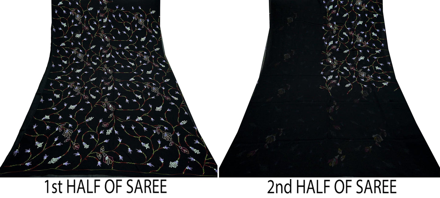 Indian Vintage Heavy Sari Black Pure Georgette Silk Hand Beaded Sarees Craft Fabric 6Yd Sewing Soft Ethnic Wedding Sarees Dress making