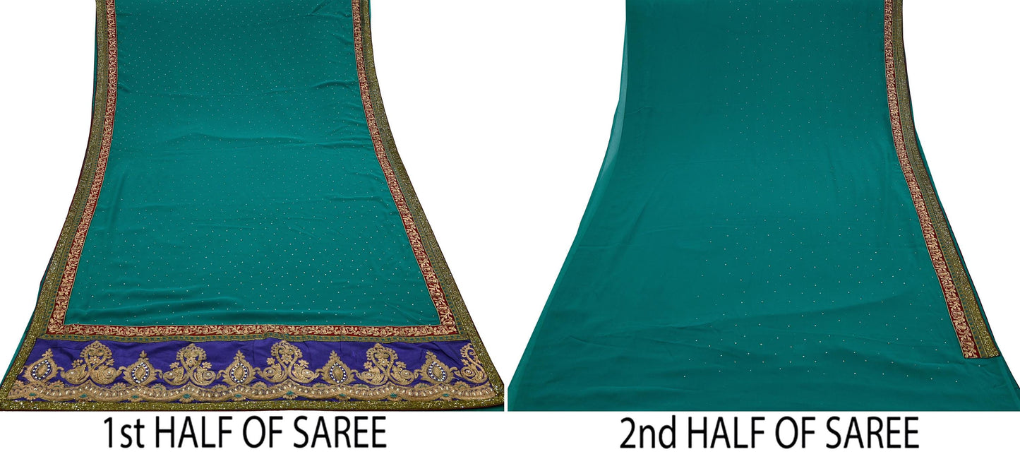 Indian Vintage Heavy Sarees Green Pure Georgette Silk Hand Embroidered Sari Fabric 6Yd Sewing Ethnic Zardozi/dabka zari Wedding sarees