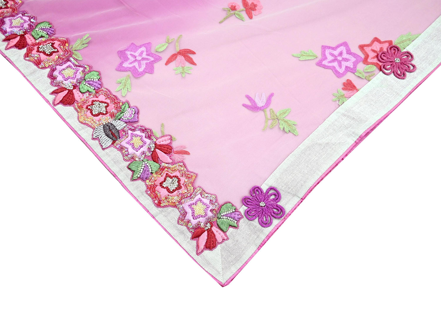 Indian Vintage Sari Pink & White Pure Georgette Silk/Net Hand Beaded Sarees Fabric 6Yd Sewing Ethnic Dress making Quilting Bollywood
