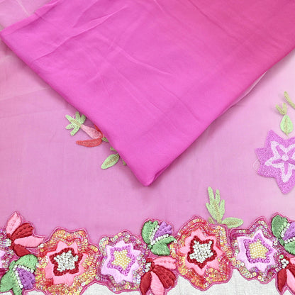 Indian Vintage Sari Pink & White Pure Georgette Silk/Net Hand Beaded Sarees Fabric 6Yd Sewing Ethnic Dress making Quilting Bollywood