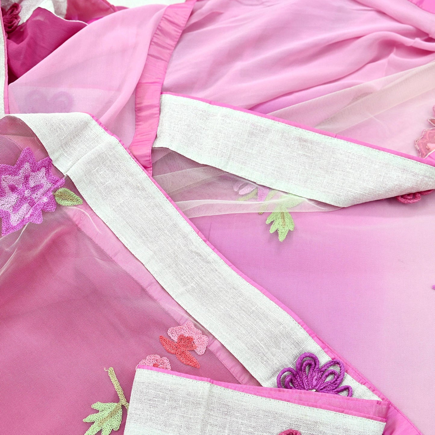 Indian Vintage Sari Pink & White Pure Georgette Silk/Net Hand Beaded Sarees Fabric 6Yd Sewing Ethnic Dress making Quilting Bollywood