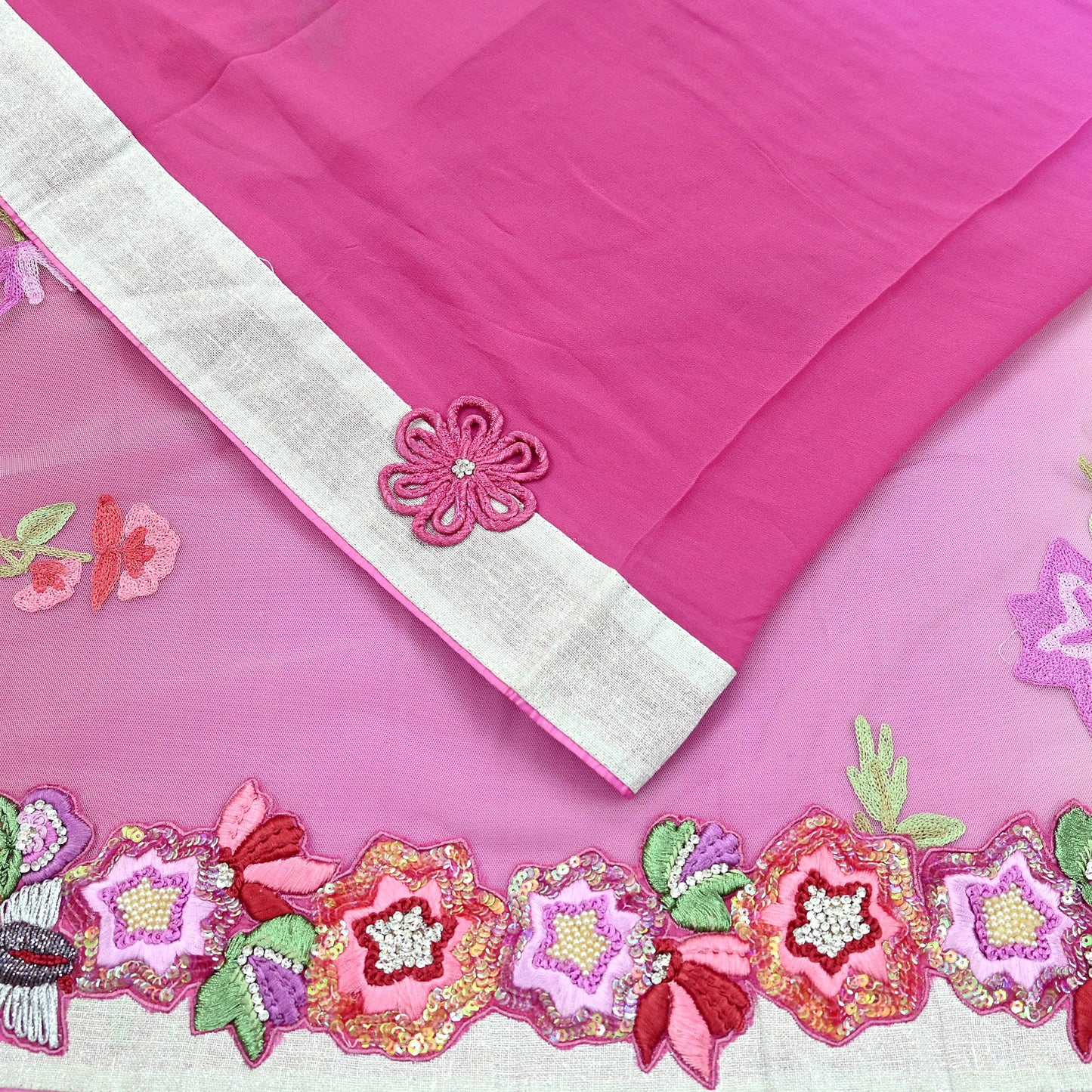 Indian Vintage Sari Pink & White Pure Georgette Silk/Net Hand Beaded Sarees Fabric 6Yd Sewing Ethnic Dress making Quilting Bollywood