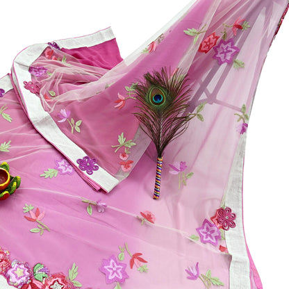 Indian Vintage Sari Pink & White Pure Georgette Silk/Net Hand Beaded Sarees Fabric 6Yd Sewing Ethnic Dress making Quilting Bollywood