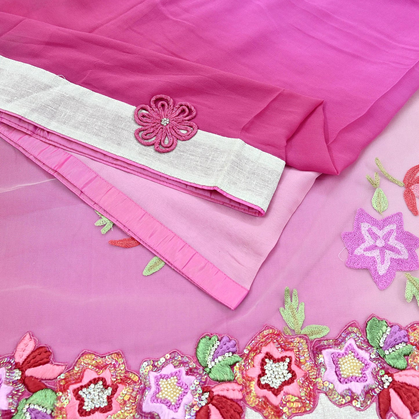 Indian Vintage Sari Pink & White Pure Georgette Silk/Net Hand Beaded Sarees Fabric 6Yd Sewing Ethnic Dress making Quilting Bollywood