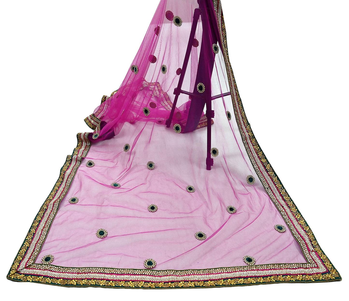 Indian Vintage Heavy Bridal Purple Dupatta Net Mesh Long Stole Hand Embroidered Scarves Golden Zardozi Dabka Zari Sequins Wedding Veil Hijab