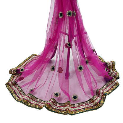 Indian Vintage Heavy Bridal Purple Dupatta Net Mesh Long Stole Hand Embroidered Scarves Golden Zardozi Dabka Zari Sequins Wedding Veil Hijab