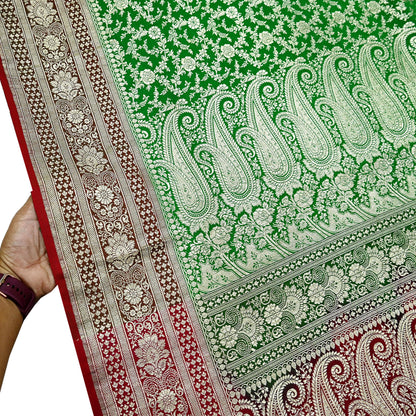 Vintage Banarasi Saree Pure Satin Silk Woven Brocade Zari Fabric Maroon & Green Heavy Craft Sari 5 Yards Indian Antique Textile Dress Making
