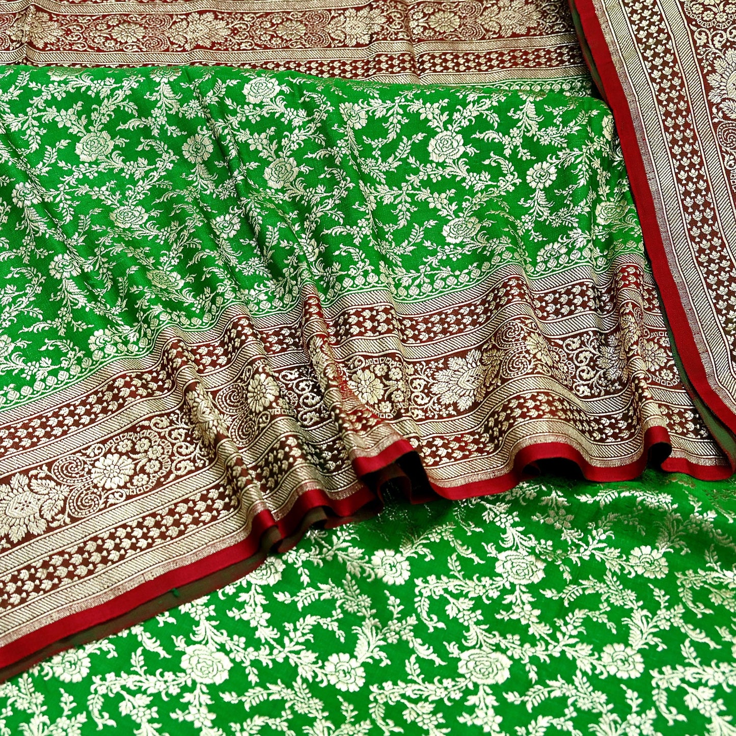 Vintage Banarasi Saree Pure Satin Silk Woven Brocade Zari Fabric Maroon & Green Heavy Craft Sari 5 Yards Indian Antique Textile Dress Making