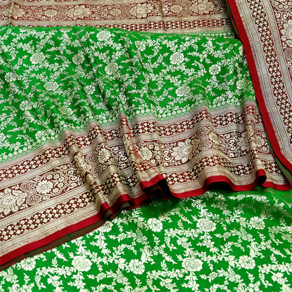 Vintage Banarasi Saree Pure Satin Silk Woven Brocade Zari Fabric Maroon & Green Heavy Craft Sari 5 Yards Indian Antique Textile Dress Making