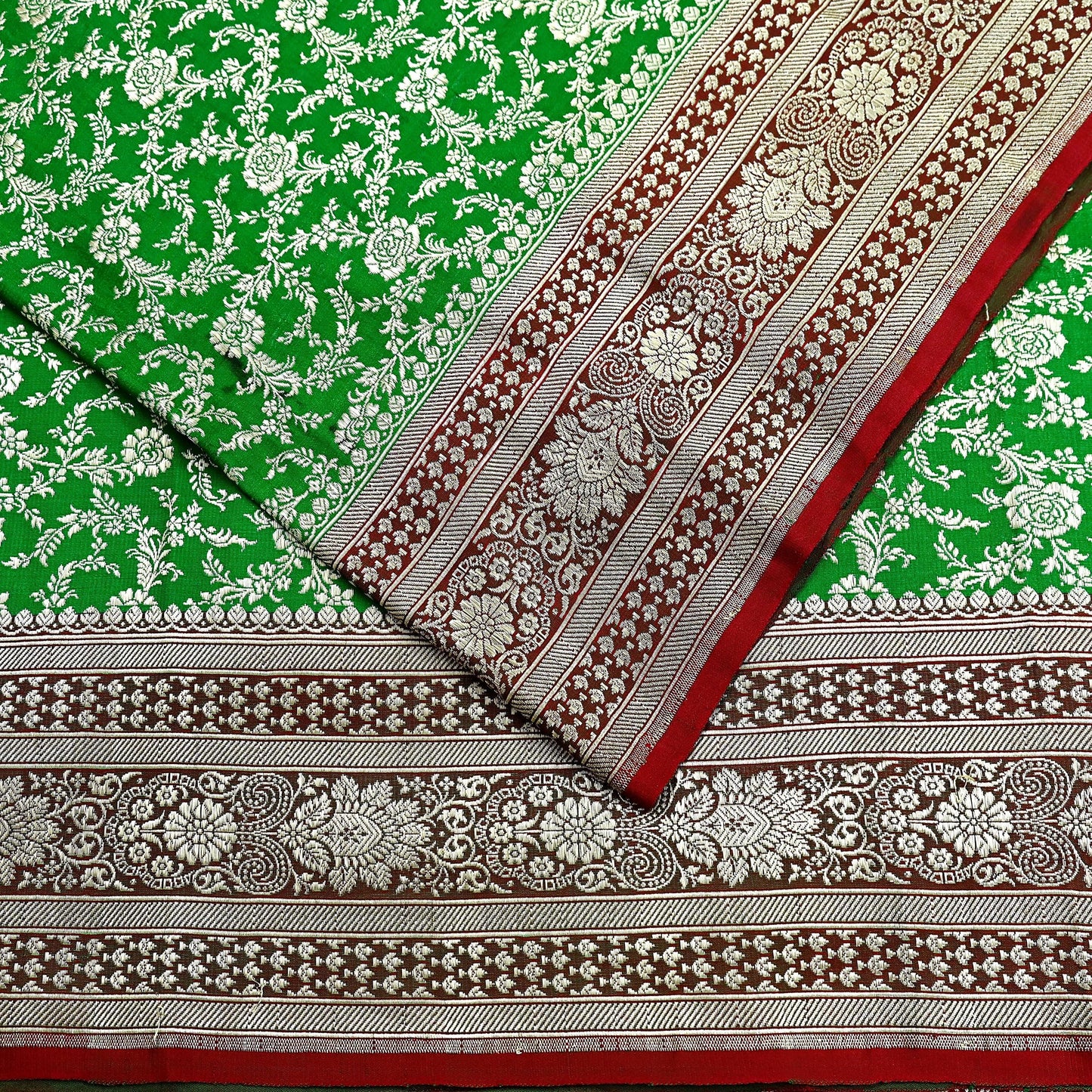 Vintage Banarasi Saree Pure Satin Silk Woven Brocade Zari Fabric Maroon & Green Heavy Craft Sari 5 Yards Indian Antique Textile Dress Making