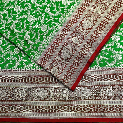 Vintage Banarasi Saree Pure Satin Silk Woven Brocade Zari Fabric Maroon & Green Heavy Craft Sari 5 Yards Indian Antique Textile Dress Making