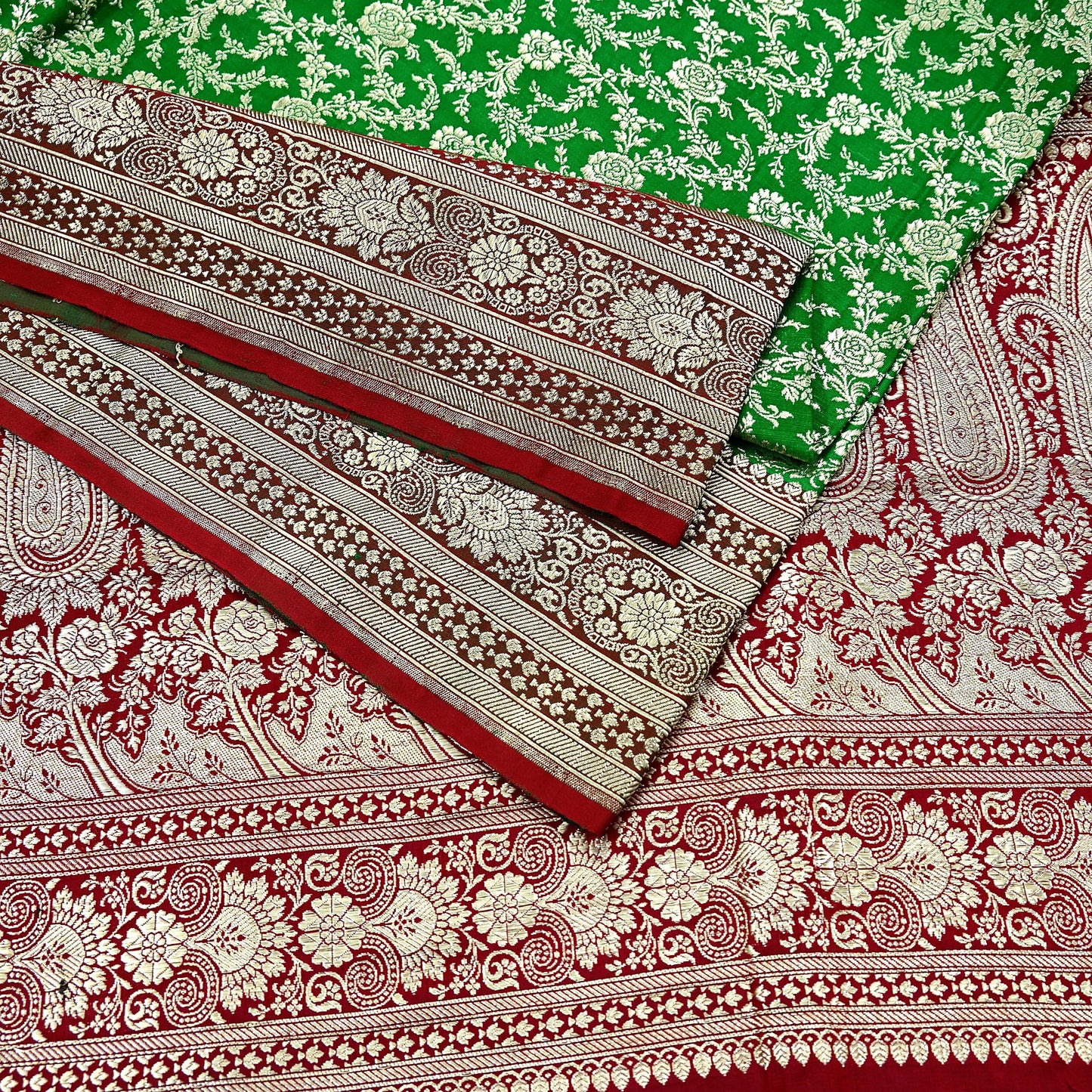 Vintage Banarasi Saree Pure Satin Silk Woven Brocade Zari Fabric Maroon & Green Heavy Craft Sari 5 Yards Indian Antique Textile Dress Making