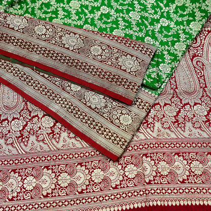 Vintage Banarasi Saree Pure Satin Silk Woven Brocade Zari Fabric Maroon & Green Heavy Craft Sari 5 Yards Indian Antique Textile Dress Making