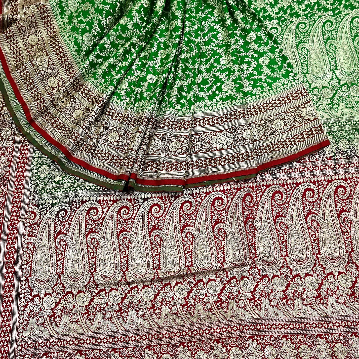 Vintage Banarasi Saree Pure Satin Silk Woven Brocade Zari Fabric Maroon & Green Heavy Craft Sari 5 Yards Indian Antique Textile Dress Making