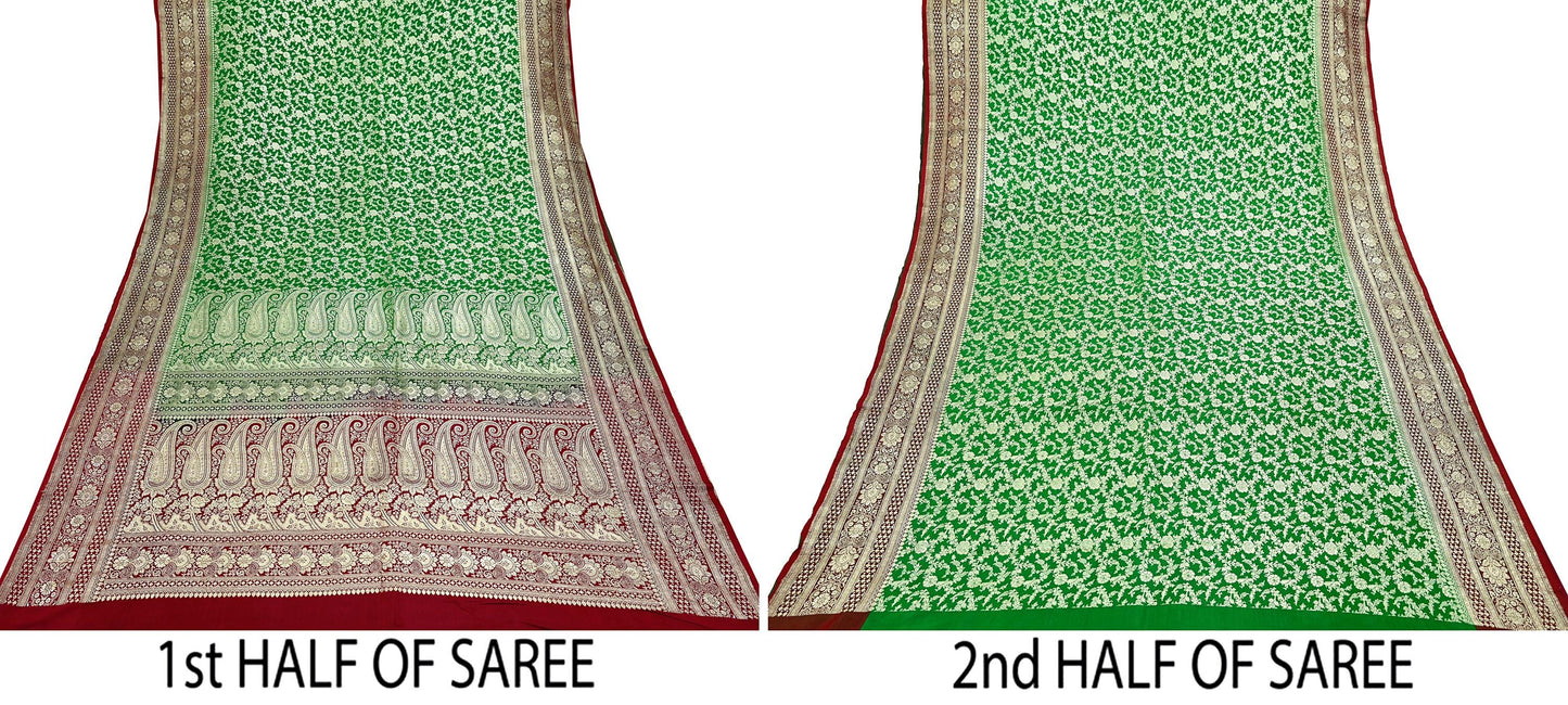 Vintage Banarasi Saree Pure Satin Silk Woven Brocade Zari Fabric Maroon & Green Heavy Craft Sari 5 Yards Indian Antique Textile Dress Making