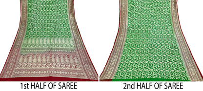 Vintage Banarasi Saree Pure Satin Silk Woven Brocade Zari Fabric Maroon & Green Heavy Craft Sari 5 Yards Indian Antique Textile Dress Making