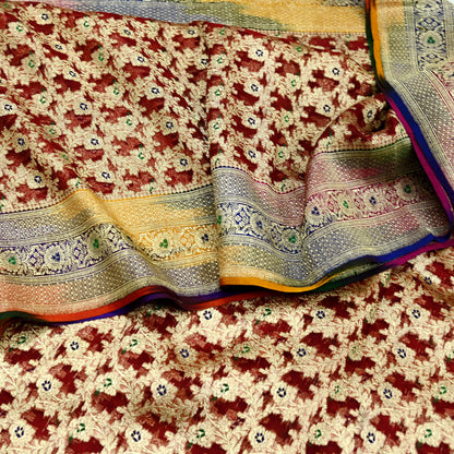 Indian Vintage Sari Heavy Maroon Pure Organza Silk Woven Brocade Banarasi Sarees Zari 5Yd Ethnic Fabric Dress Making Wedding Sarees